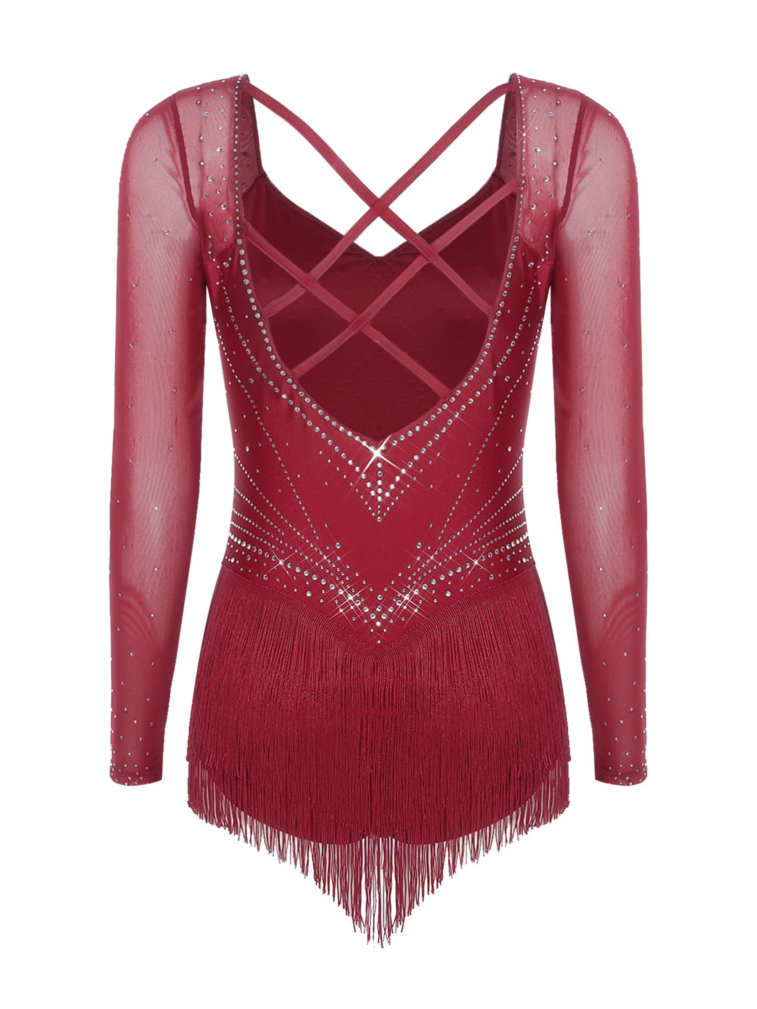 inhzoy Donna Abito da Ballo Latino Americano Tango con Frange Nappe Vestito da Pattinaggio Artistico Maniche Lunghe Body Danza Classica Ginnastica Ritmica Dancewear