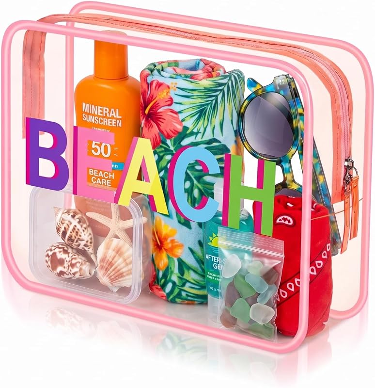 Shinylin Necessaire transparente rosa de PVC com zíper e estampa BEACH