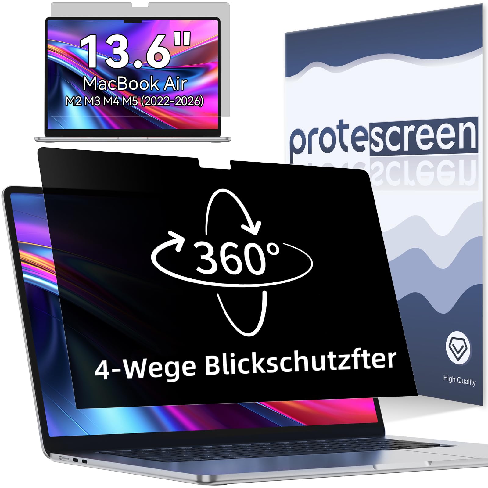Filtro privacy a 360° per MacBook Air 13 inch M4 2025& MacBook Air 13.6 inch (M2/M3, 2022/2024), pellicola protettiva antiriflesso a 4 vie