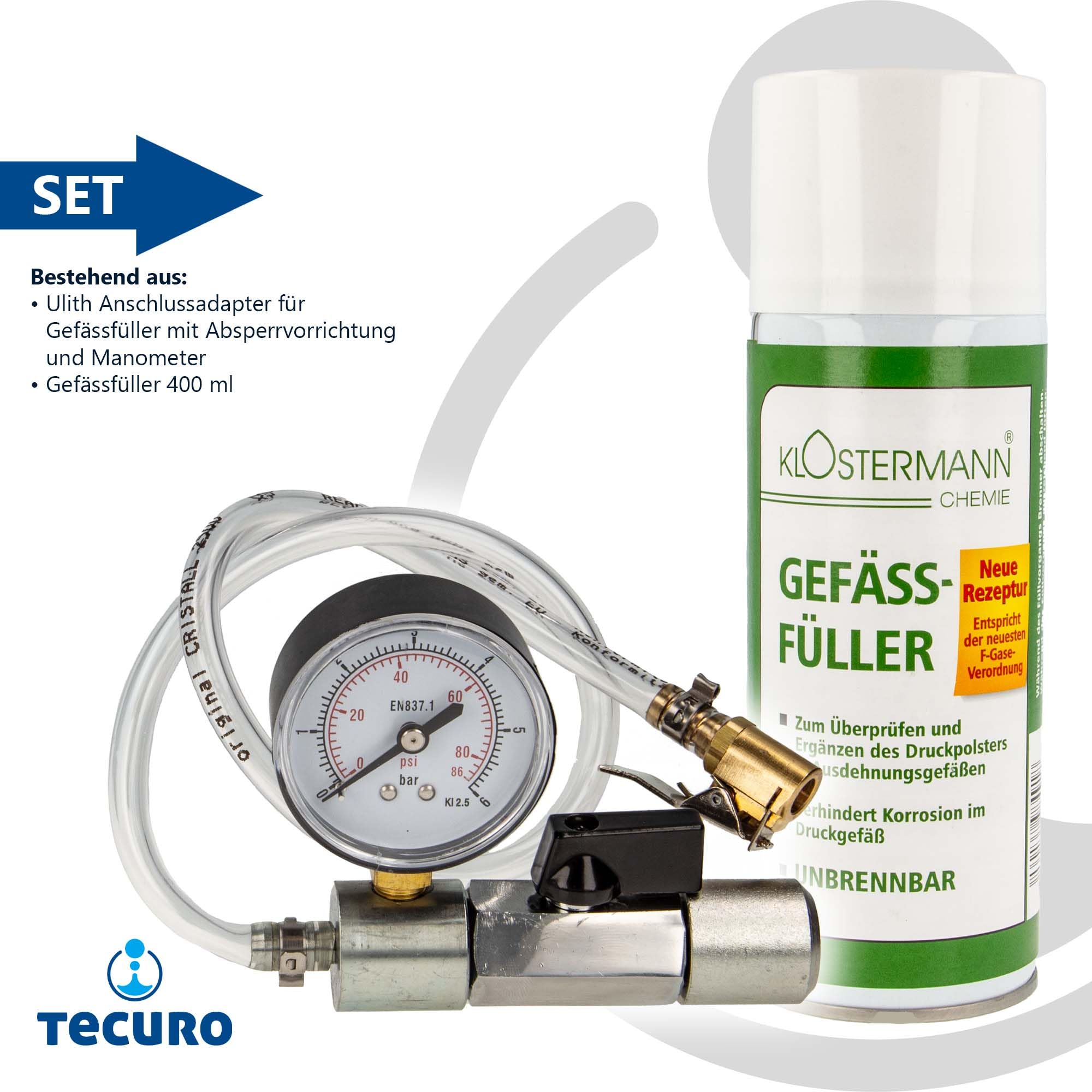 Gefäßfüller (nicht brennbar) 400 ml - Klostermann Chemie 4918 und Anschlussadapter mit Manometer 0-6 bar