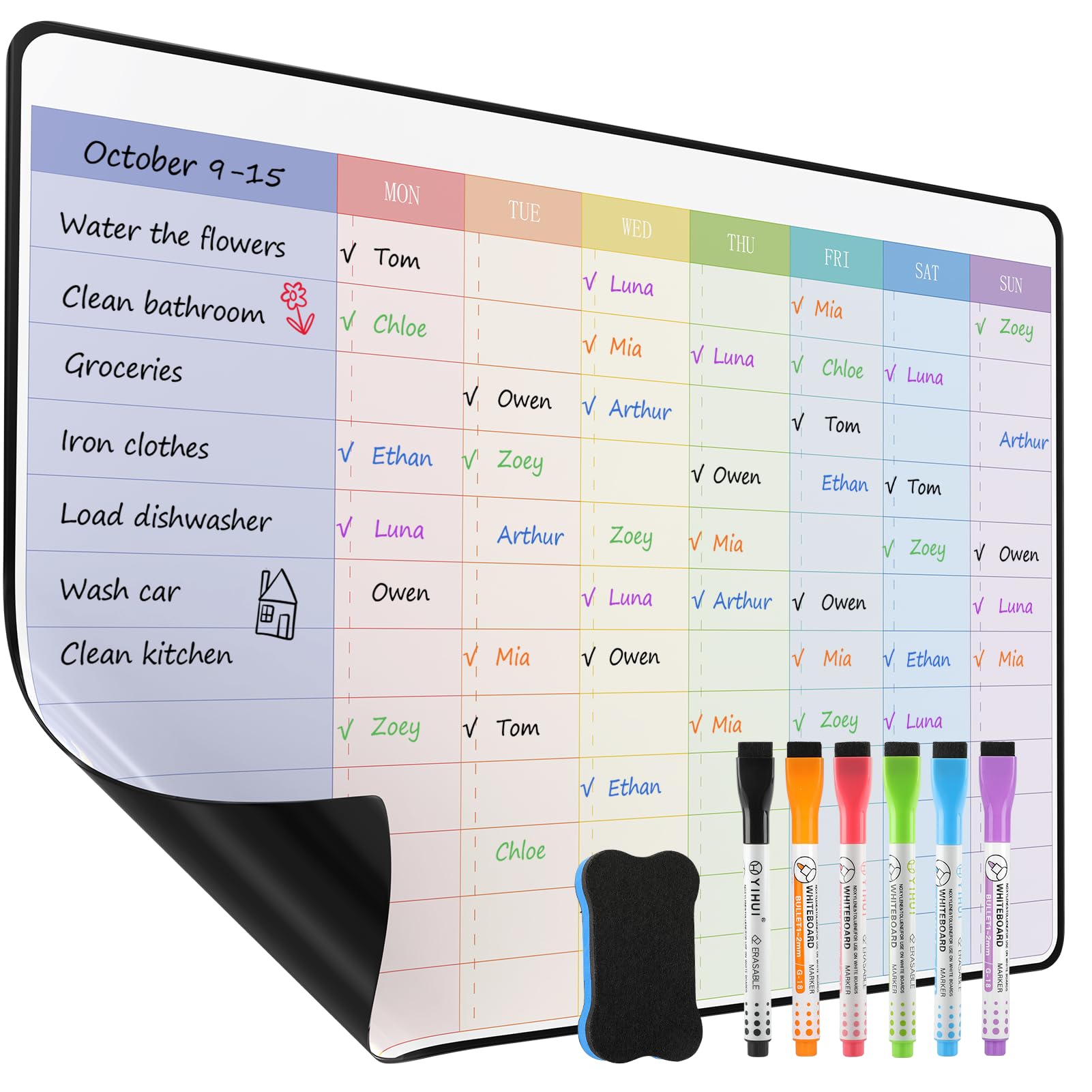 KTRIO Magnetic Chore Chart Whiteboard A3, Weekly Cleaning Planner & Family Schedule Board for Fridge, Magnetic to Do List Calendar, Cleaning Checklist & Reward Chart with 6 Markers & Eraser