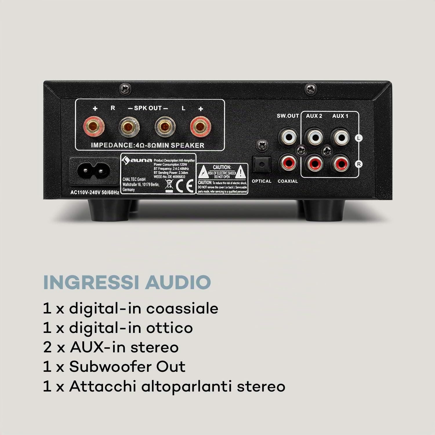 AUNA AMP-2 DG - Amplificatore Stereo Hi-Fi, 2 x 50 Watt RMS, Bluetooth, 2 x Digital-in: Ottico & Coassiale, USB, Ingressi AUX e Dvd, Regolazioni: Bassi, Alti, Balance, Eco, Display LED, Nero