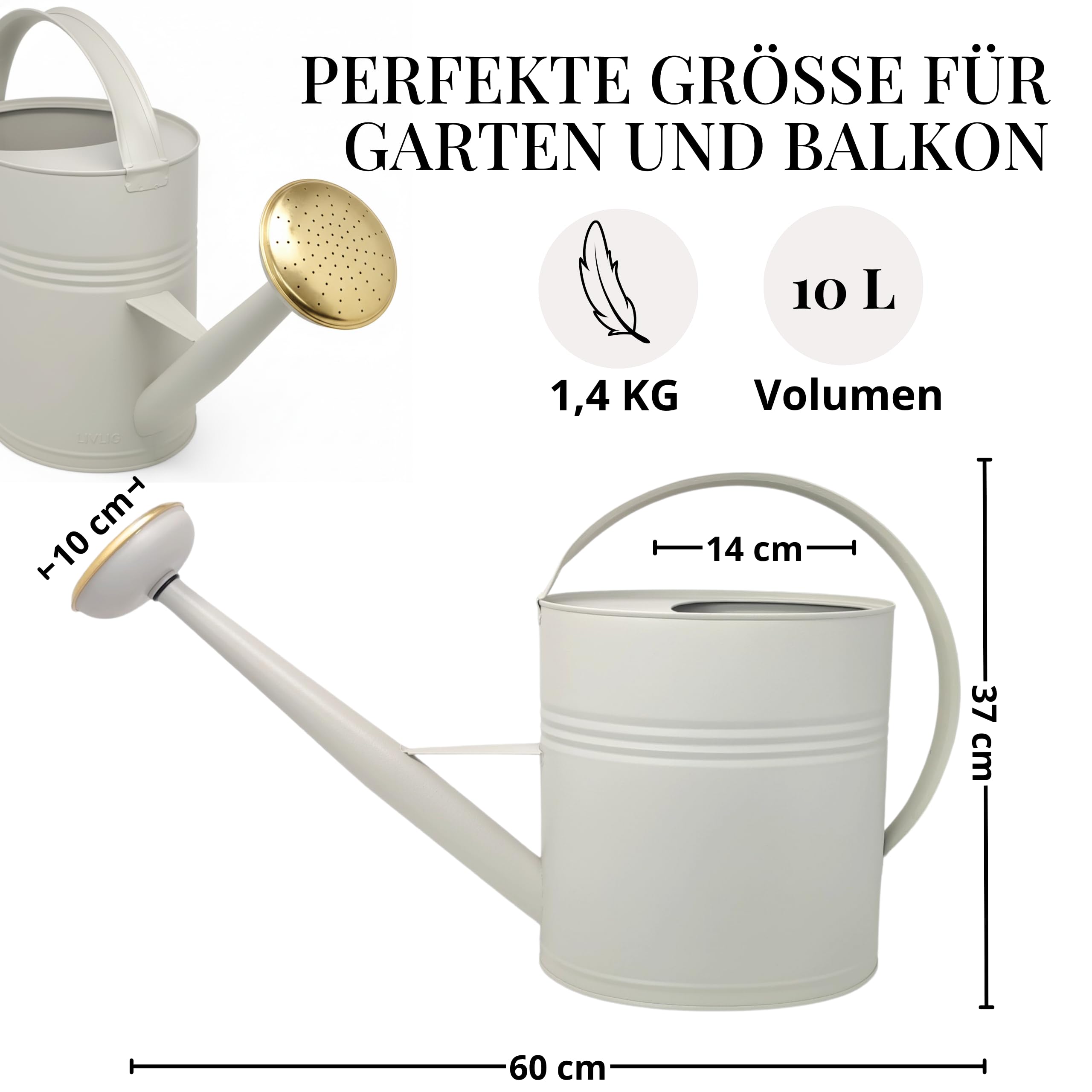 Gießkanne 10l, Gießkanne Metall für Garten & Balkon, Hochwertige Giesskanne 10 Liter aus verzinktem Metall, Gießkanne mit abnehmbarer Brause, Gießkanne Retro mit Messingbrause, Gießkanne Greige