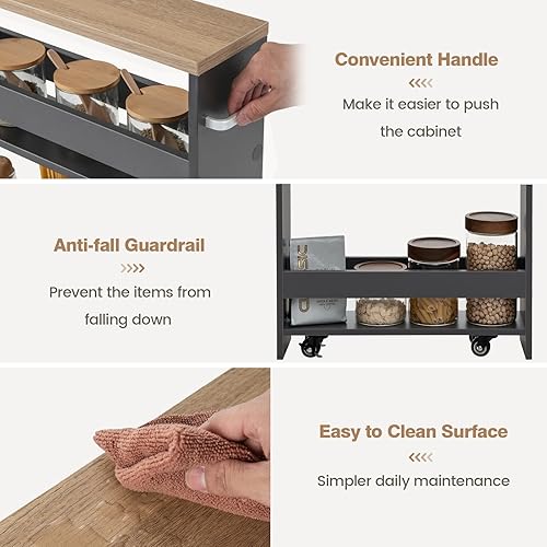 Miniatura 6 de LOKO Carrito de almacenamiento delgado, carrito rodante de 4 niveles con asa y parte superior de madera para cocina, baño, lavandería, sala