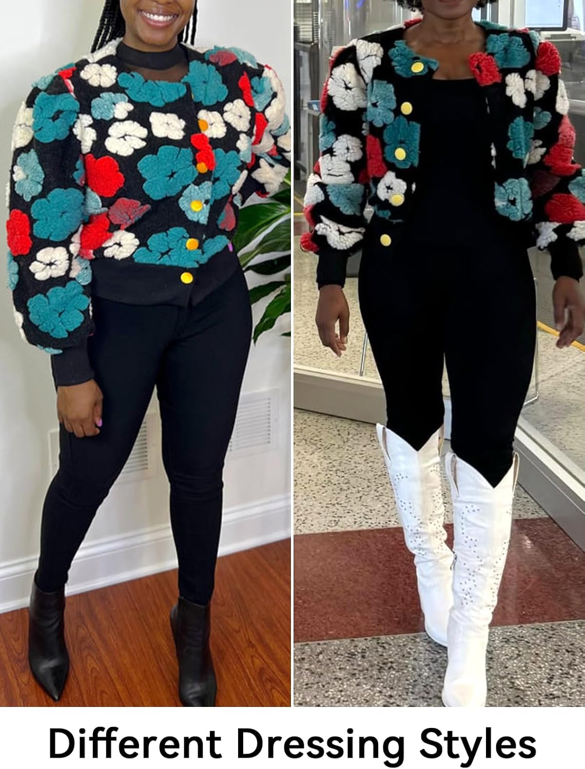 HOULENGS Women's Cropped Floral Print Fleece Bomber Jacket Casual Puff Sleeve Button Down Coats Winter Warm Outerwears - Image 5