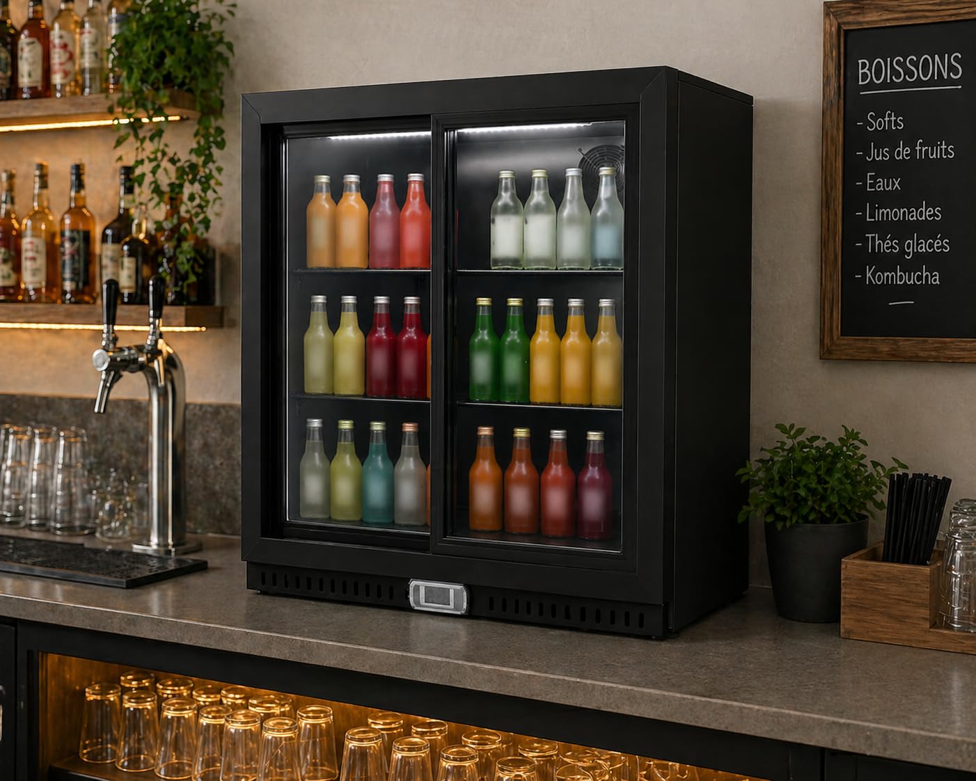 Générique Arrière Bar Réfrigéré 2 Portes Coulissantes Vitrées 900 mm 192 L Froid Ventilé R290