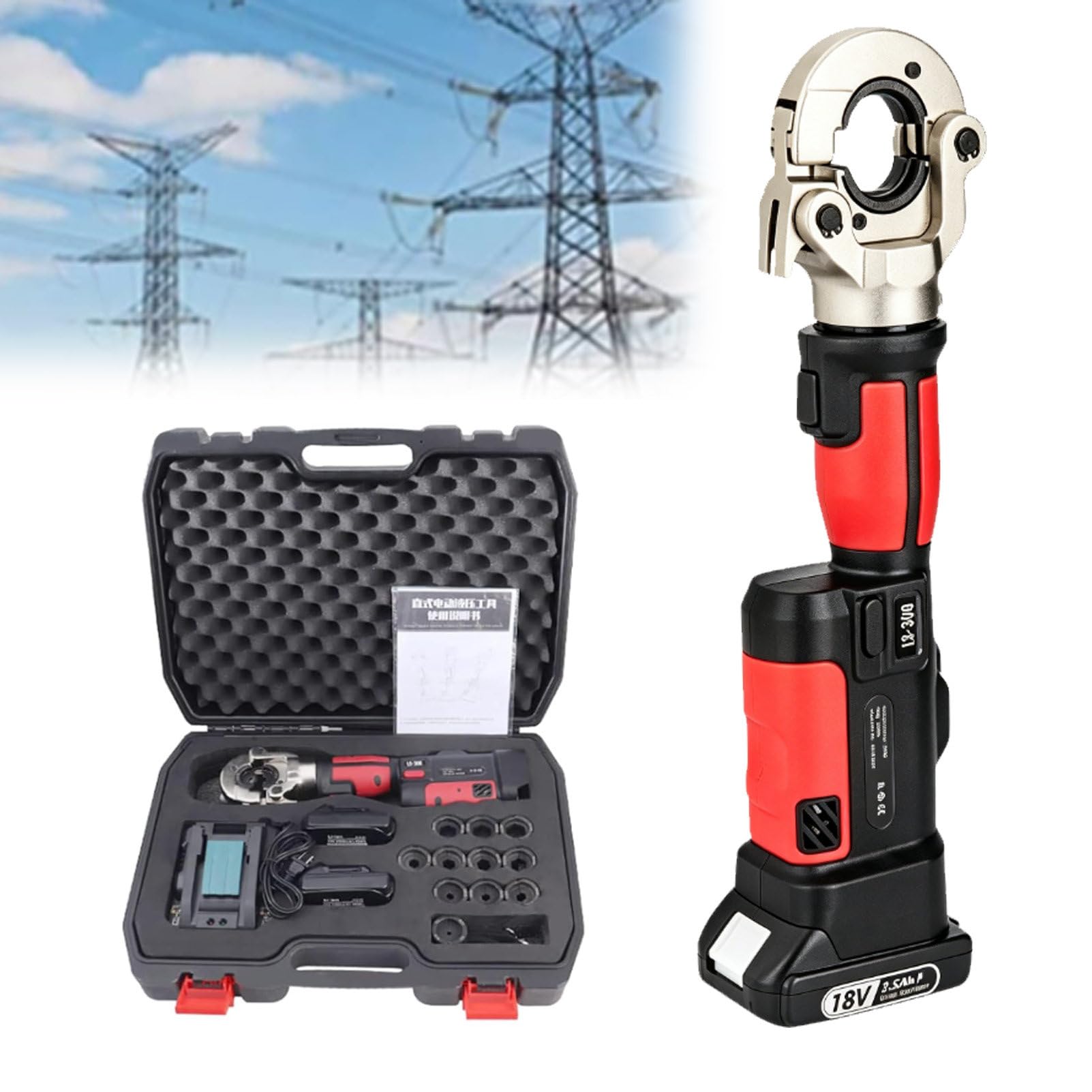 Prensadora HidráUlica EléCtrica Mez-300 De 400 W, Prensadora HidráUlica Recargable para Secciones De 16-300 Mm², con BateríA De 4,0 Ah Y 18 V, Cabezal Giratorio De 360° Red