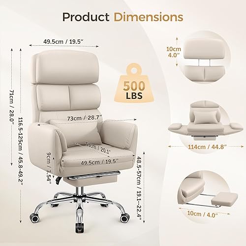 Miniatura 2 de Silla de oficina grande y alta, 400 libras, silla ejecutiva ergonómica de cuero con respaldo alto, reclinable giratorio con reposabrazos ajustables,