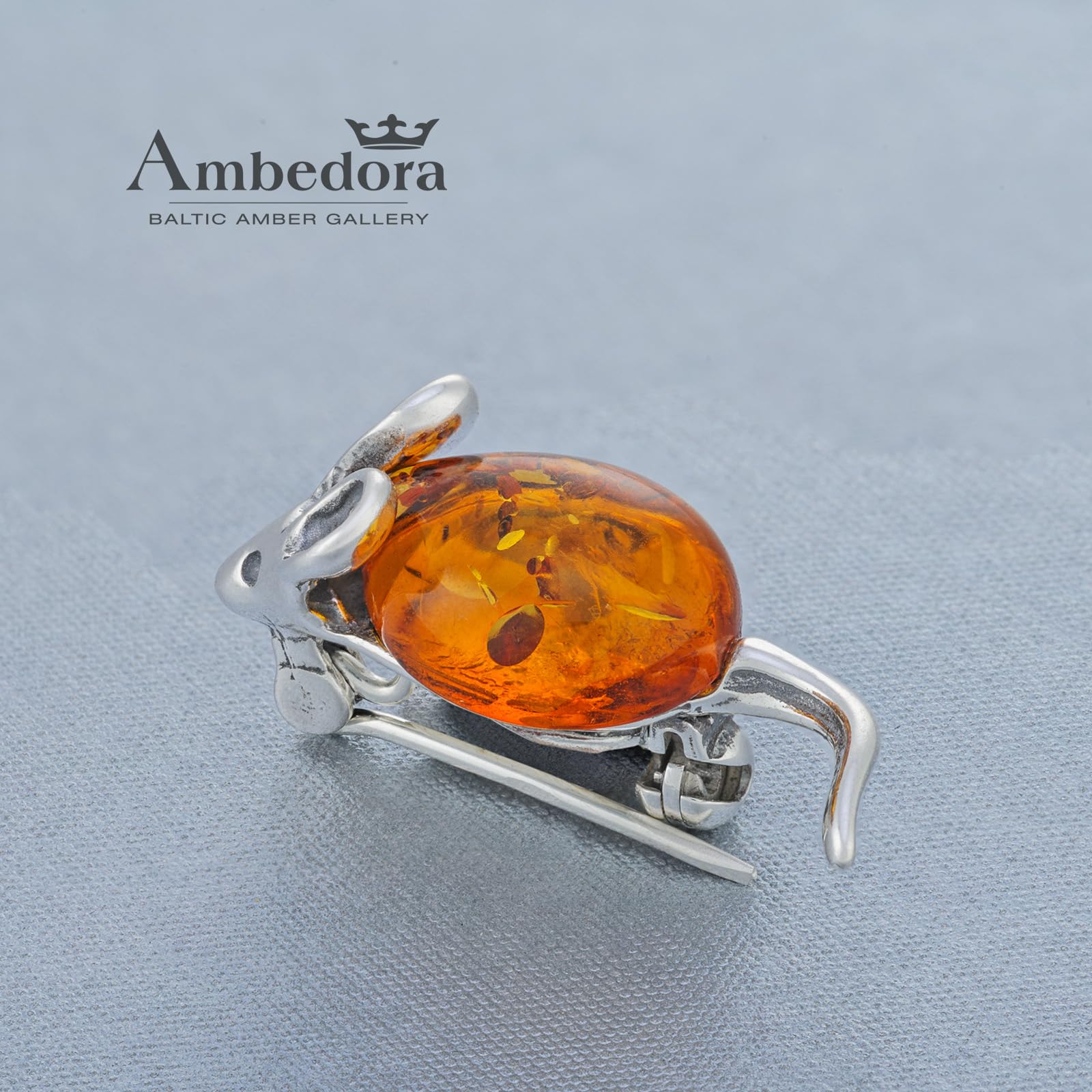 Damen Silberne Brosche Maus mit Bernstein, Poliertes Sterling Silber, Baltischer Bernstein in Cognac Farbe