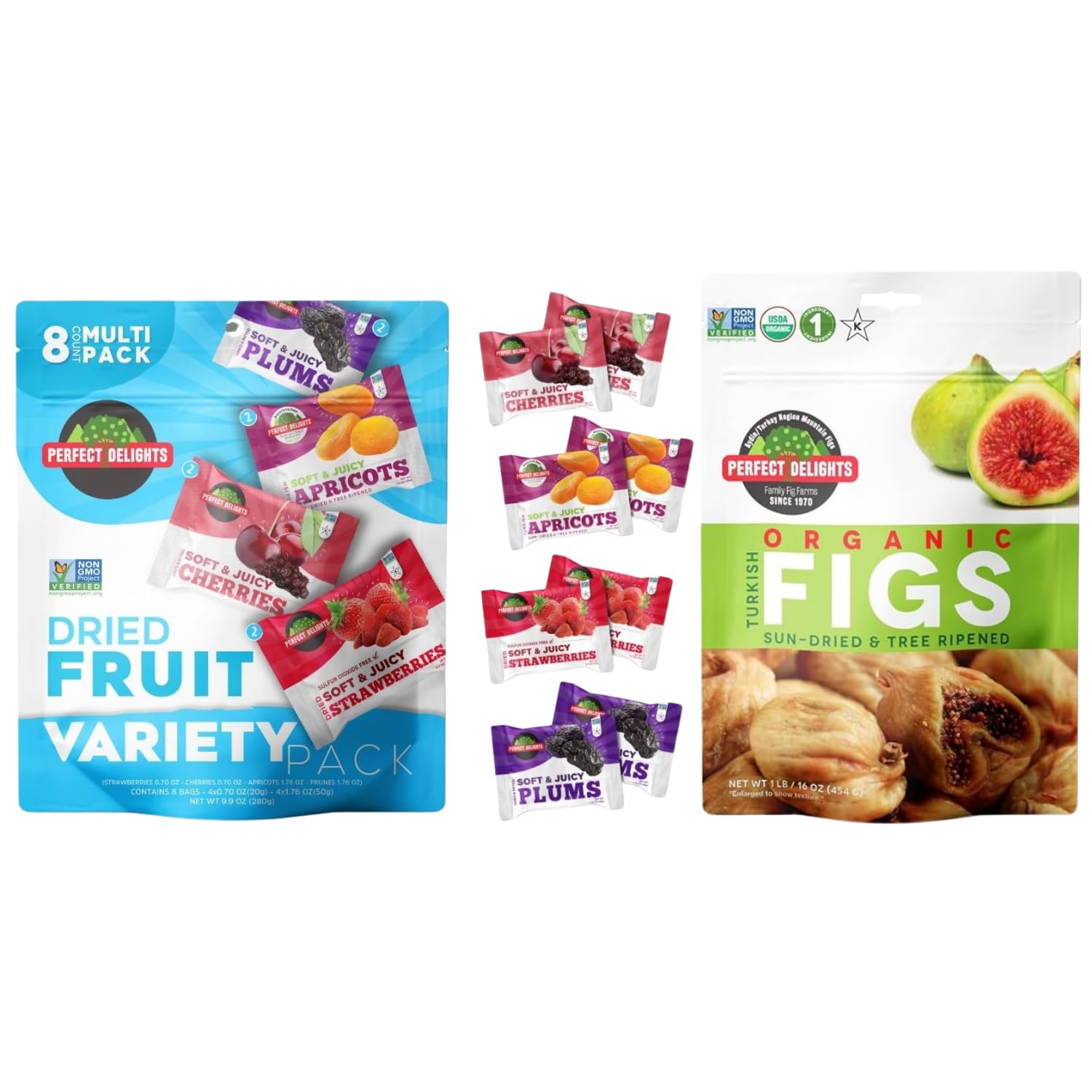 Perfect Delights Sun-Dried Fruit Variety Pack – Organic Turkish Figs + Multipack of Apricots, Plums, Sour Cherries & Strawberries, Vegan, Healthy Snack