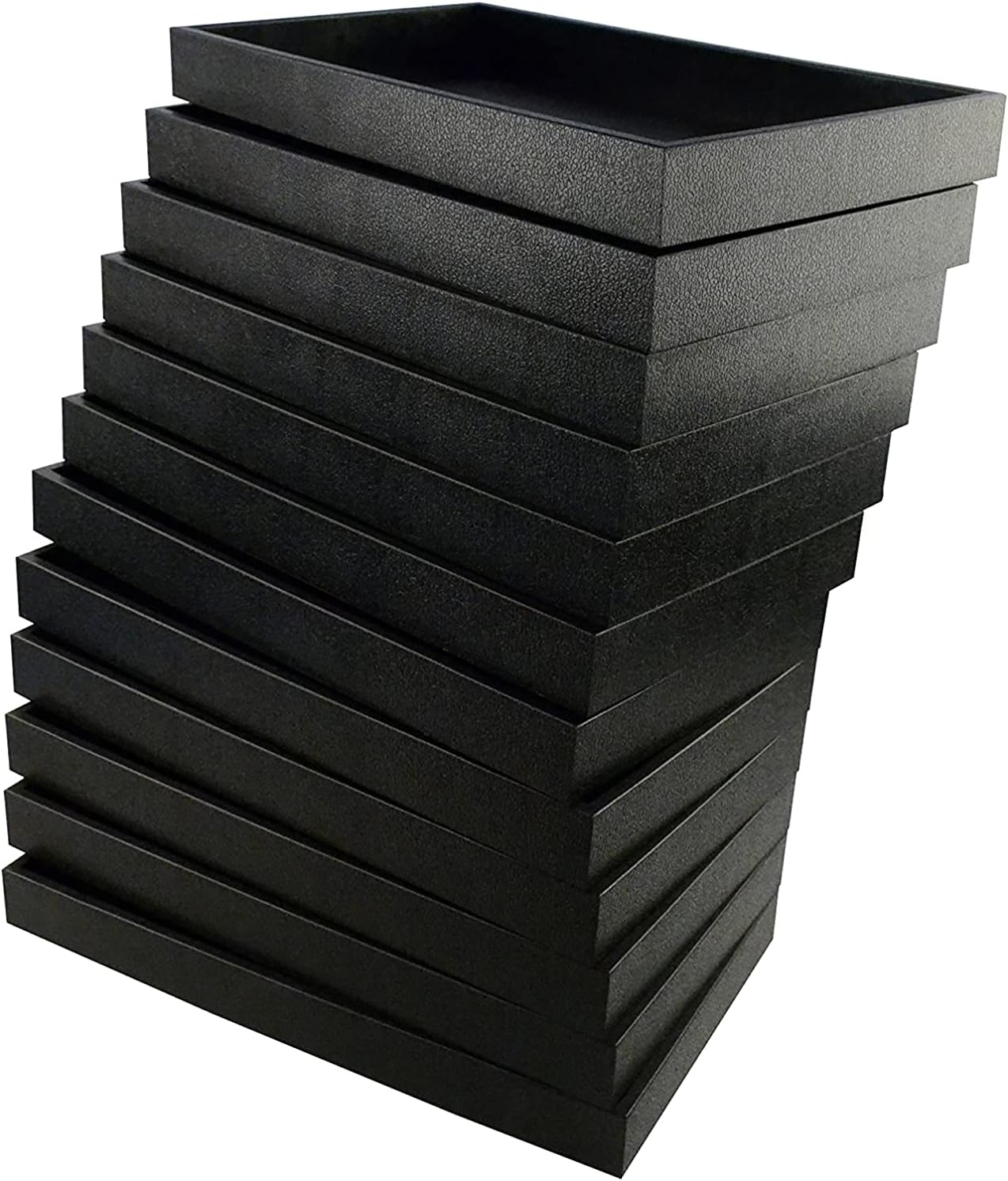 RJ Displays- 12 pcs 1.5-Inch Deep Black Full Size Plastic Stackable Jewelry Display, Presentation,Storage Trays Retail Jewelry Store and TradSize- 14 3/4" X 8 1/4" X 1 1/2" H
