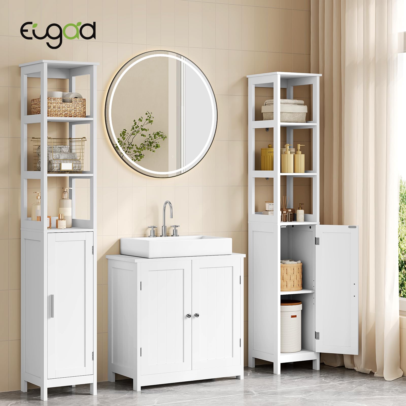 EUGAD Mobile Alto da Bagno, Mobiletto da Bagno, con 3 Scomparti Aperti, 30x30x163 cm, Portaoggetti, Mobiletto Salvaspazio Stretto, per Bagno, Soggiorno, Studio e Ufficio, Bianco 002WDG