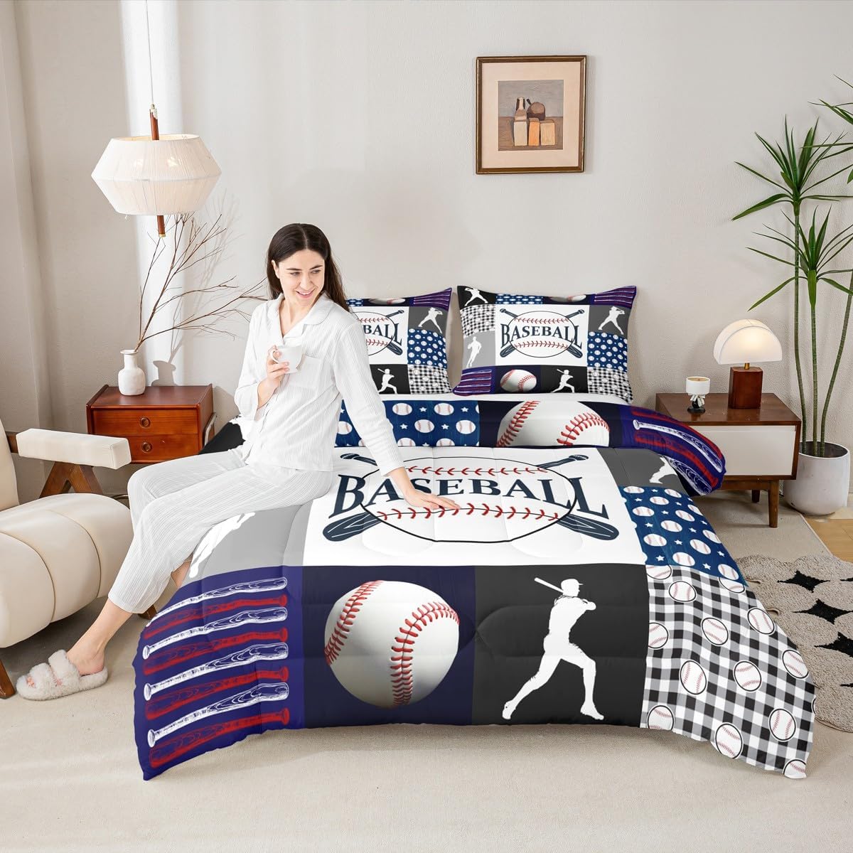 Erosebridal Kids Baseball Comforter Set Full Size Bed,Teen Boys Sports Bedding Sport Quilt Patchwork Geometric Checkered Soft Lightweight Balck White Navy Blue 2 Pillowcases