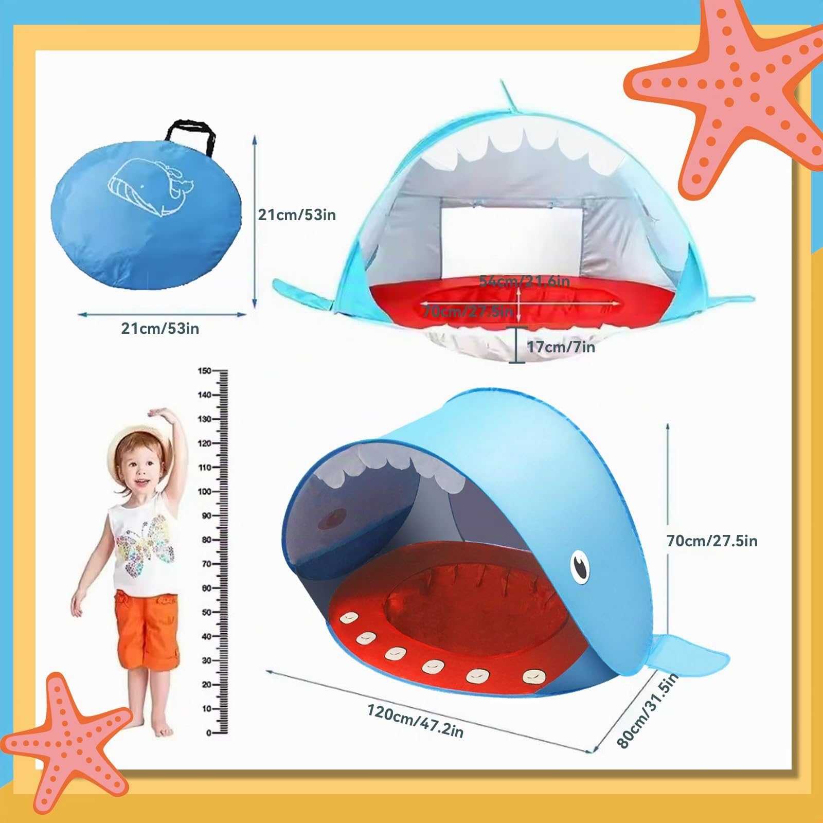 Tente Anti UV Bébé,Pop Up Tente De Plage,Abri Camping Voyage Vec Clous De Sol Protège Vent/Soleil/Sable,Tente De Plage Bebe Vec Mini Piscine Convient pour Les Plages, Les Parcs, Le Camping,Baleine