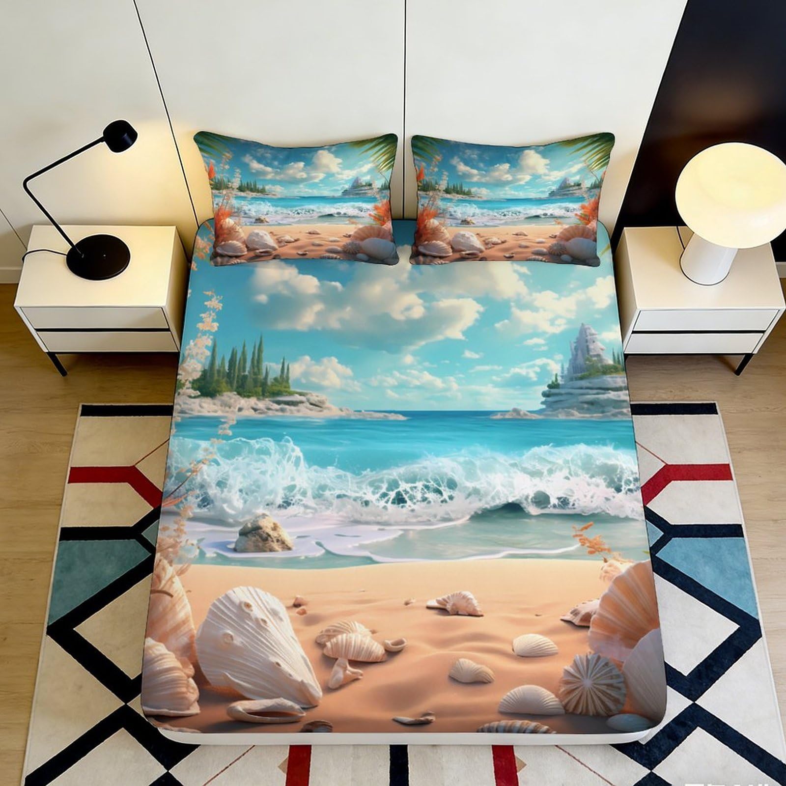 3D Printed Beach Scenery Fitted Sheet Microfiber Deep Pocket Bedroom Bedding Ocean Mattress Fitted Cover Non-Slip Washable 200x200x25cm