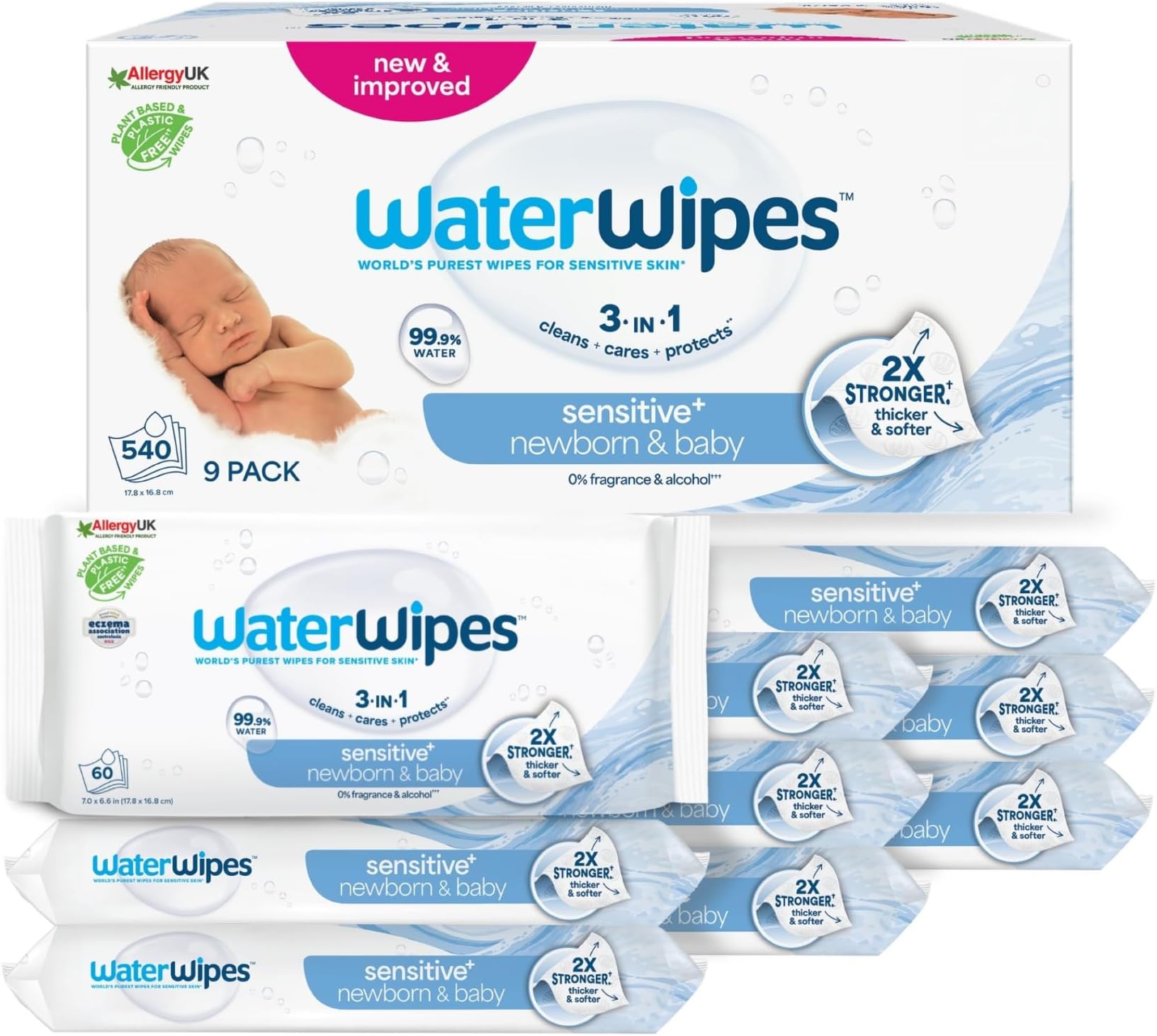 Sensitive+ Newborn & Baby Wipes, 540 Count (9 Packs), 3-In-1 Cleans, Cares, Protects, 99.9% Water, Unscented