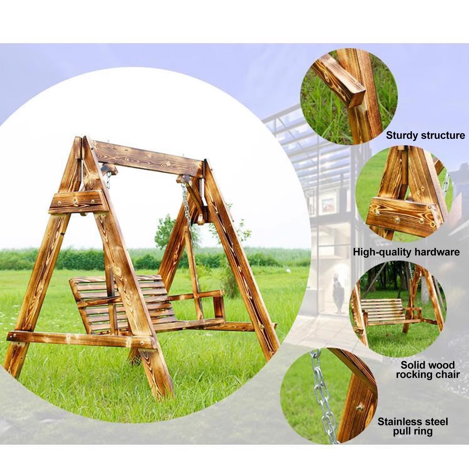 Altalena da esterno con supporto ad A e catene in metallo, design a doghe per giardino, patio, cortile, alta capacità di carico