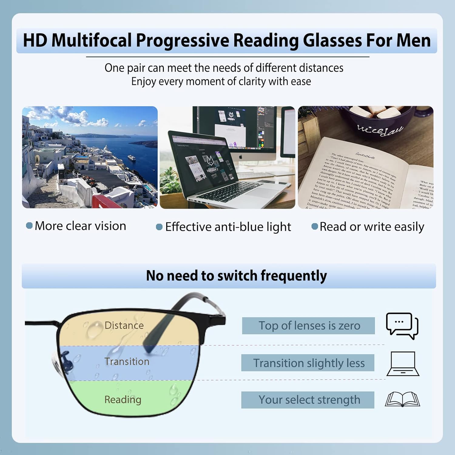 Photochromic Progressive Multifocus Reading Glasses for Men Anti Blue Light Transition Reader Multifocal Sunglasses - Image 2