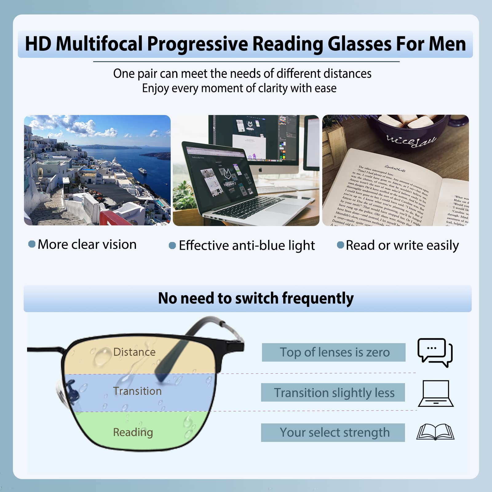 Lesebrille, photochromatisch, progressiv, multifokal, für Herren, Anti-Blue-Licht, Transition Reader, Multifokal-Sonnenbrille, Klar, 2