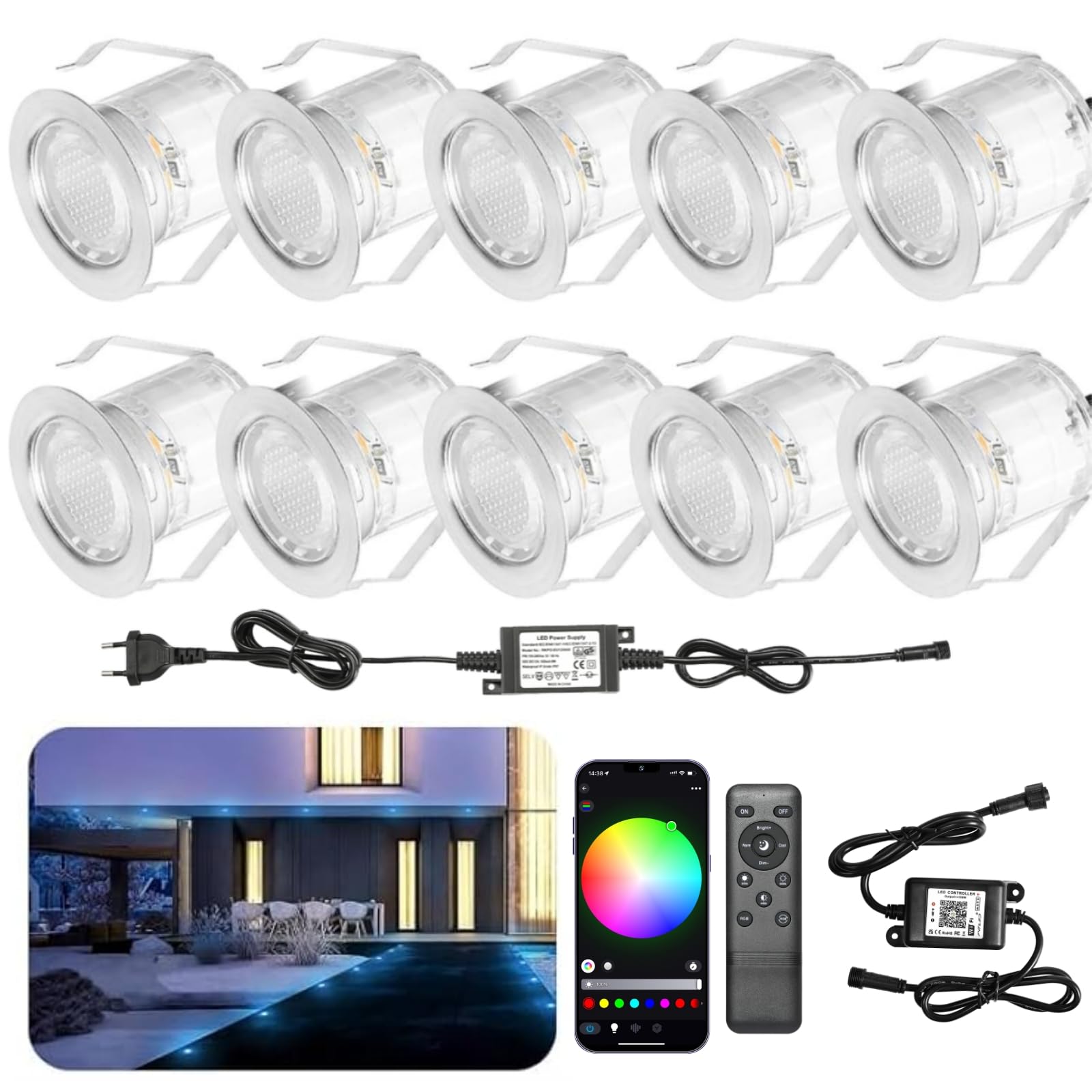 LED Bodeneinbauleuchten Aussen RGB 10er Set-Ø30mm WiFi Terrasse Einbaustrahler Led Terrassenbeleuchtung IP67 Wasserdicht mini LED spot Boden Licht mit Fernbedienung Kompatibel mit Alexa Google Home