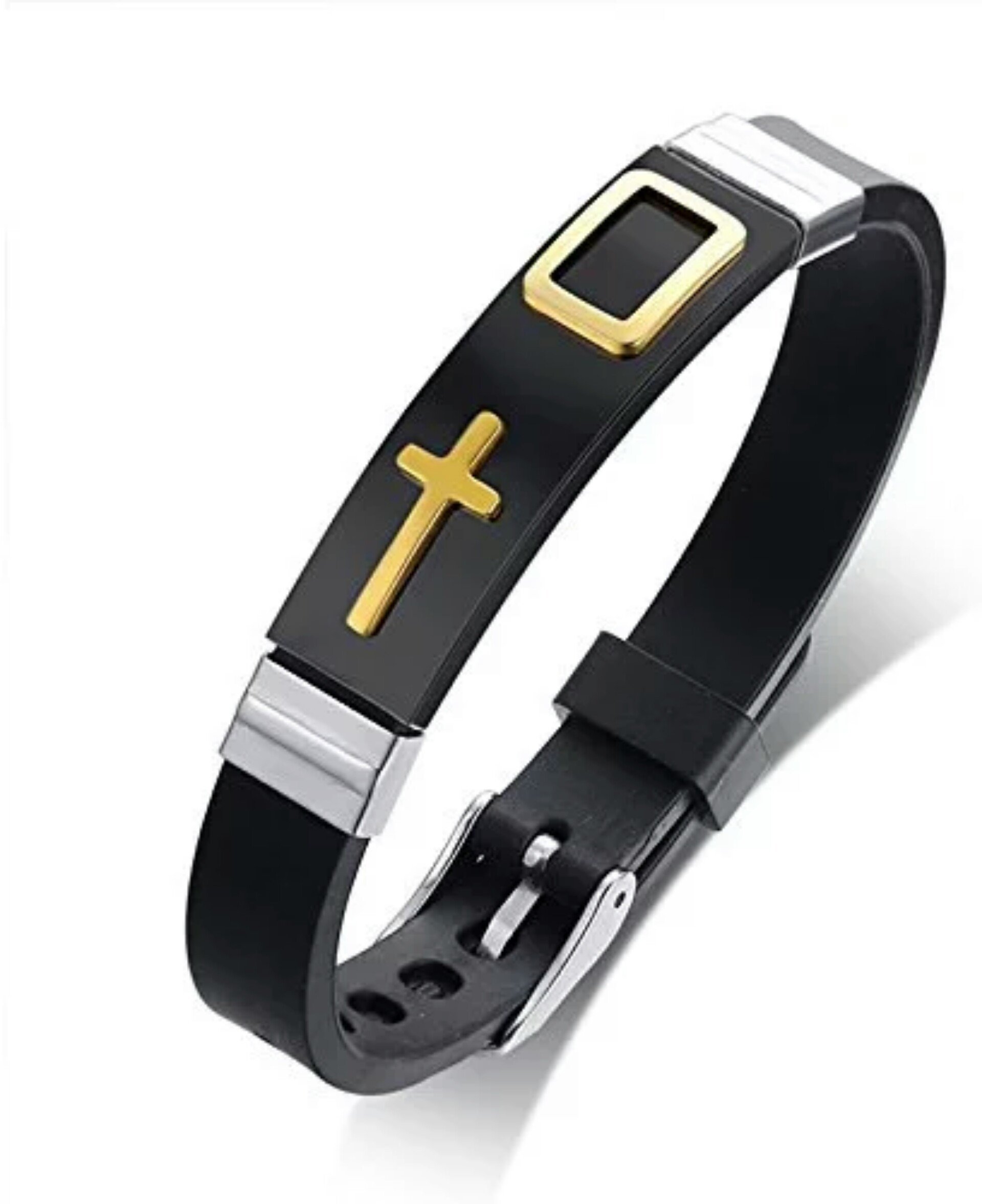 University Trendz Silver Cross Printed Stainless Steel And Silicon Black Silver Wristband Cuff & Kadaa Bracelet With Adjustable Strap For Men And Women (B07FVHJW7G) Amazon Price History, Amazon Price Tracker