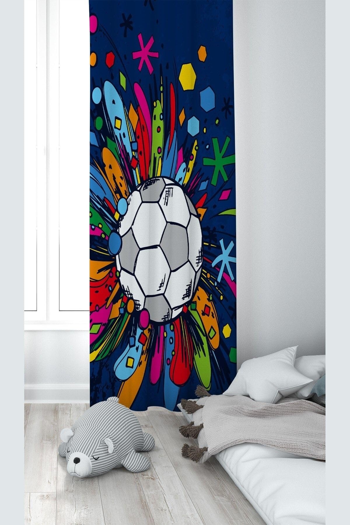 Pelangi Mavi Futbol Topu Desenli Dijital Baskı Yıkanabilir Bebek Çocuk Odası Fon Perdesi, mavi 70 x 200