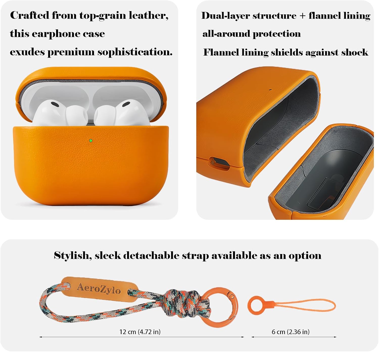 for AirPods Pro 3 (2025) 100% Genuine Leather Case,Full-Grain Leather Cover Case,Handmade Top,Shockproof Protective,Wireless Charging,for AirPods Pro 3rd Gen (Orange, Short Rope)