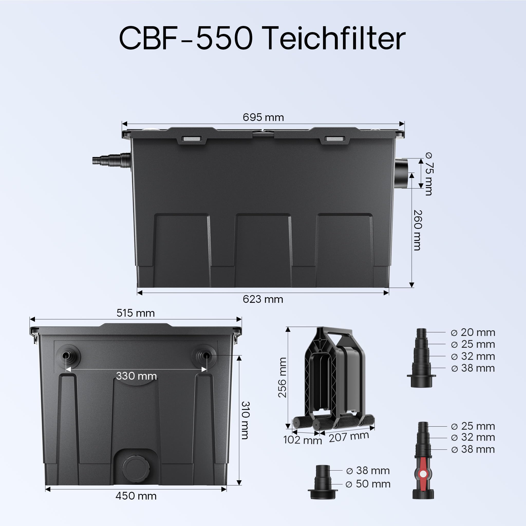 SunSun Komplettset: CBF-550 Teichfilter bis 60000L Teichfilteranlage als Durchlauffilter, NEO10000 Teichpumpe 10000l/h 80W, CUV-236 Teichklärer UVC Klärer mit 36W, 25m Teichschlauch 25 mm, Y-Verteiler