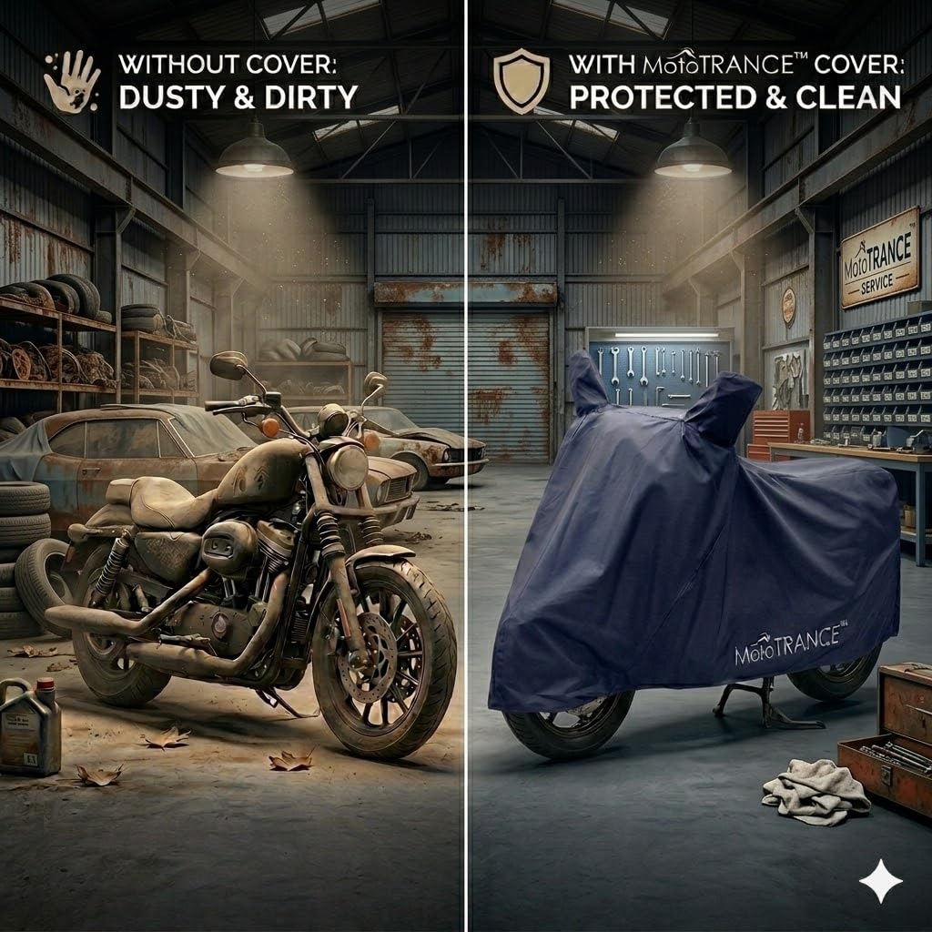 MoTotrance Blue Water Resistant Bike Cover for Royal Enfield Classic 350 | 99.9% Water Resistant & Dustproof | Mirror Pockets | Anti Scratch | Interlock Stitching | Buckle Belt | Two Wheeler Cover