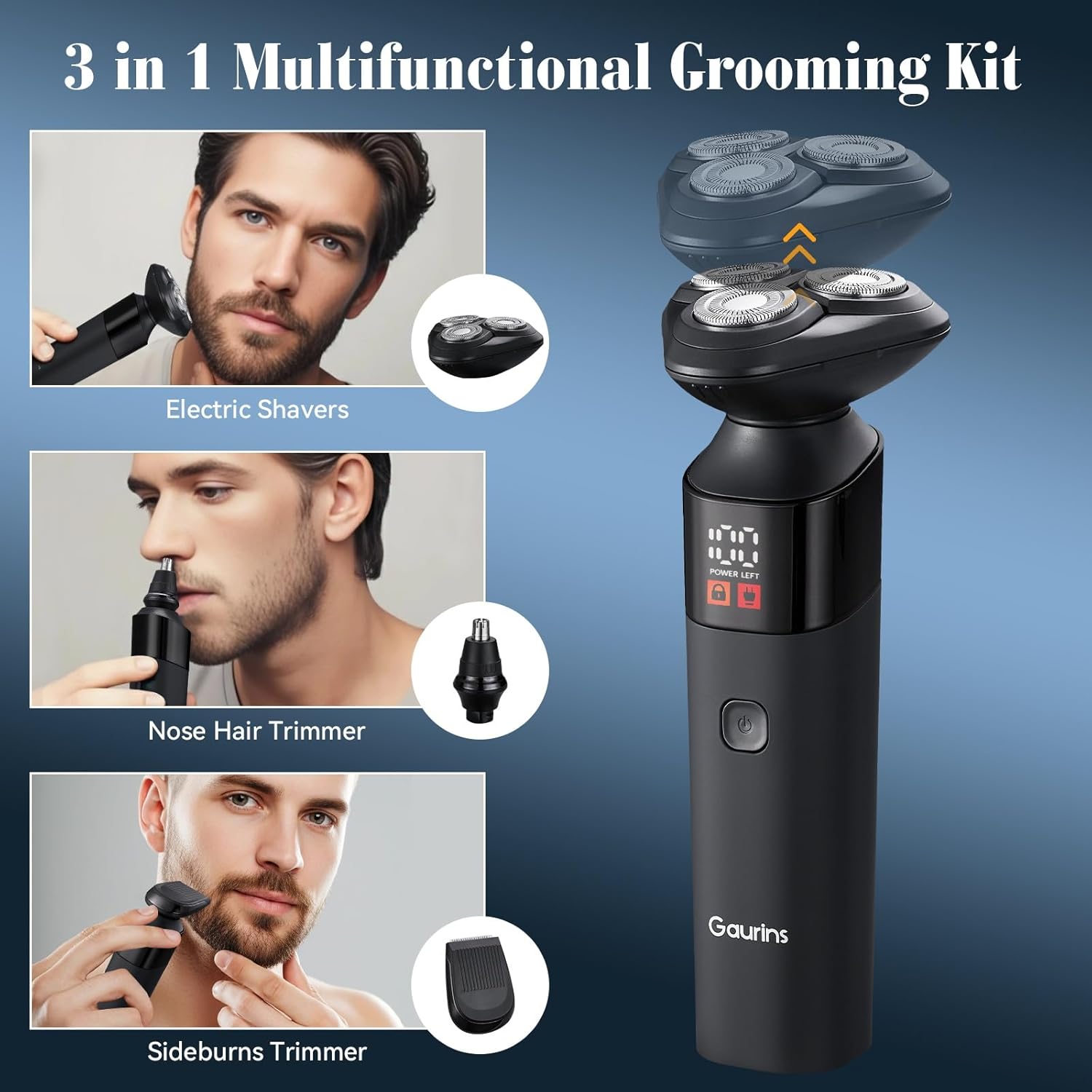 Electric Razor for Men,3 in 1 Men's Rotary Shavers with Charging Stand, IPX7 Waterproof Hygiene Trimmer for Beard/Nose/Sideburns, USB-C Fast Charging, LED Display Travel Lock,Matte Black - Image 3