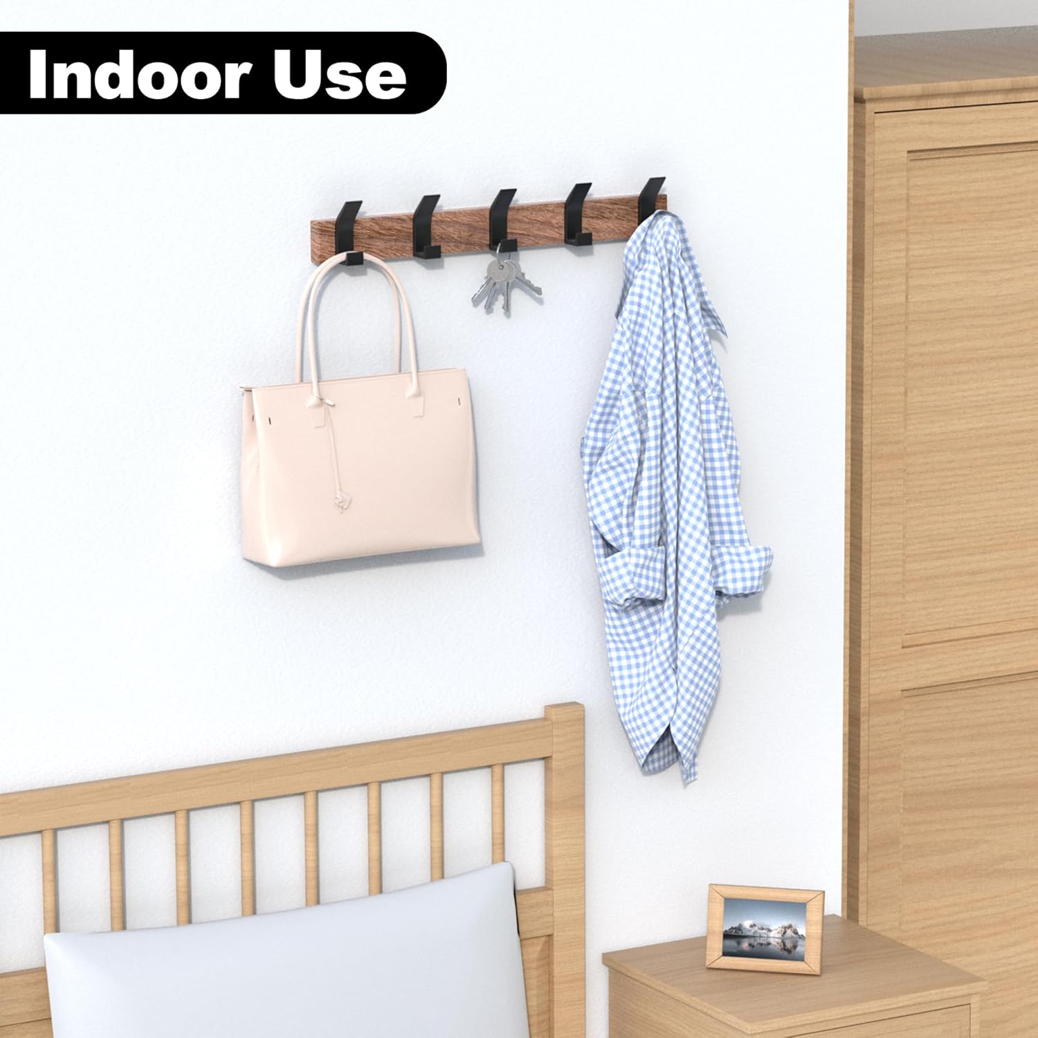 17 Inch Black Walnut Wood Wall Mounted Coat Rack with 4 Black L Hooks, Adhesive Mounted Entryway Hooks, Modern Natural Wooden Pegs for Hanging Coat Clothes Hat Bag Purse Key and Towel