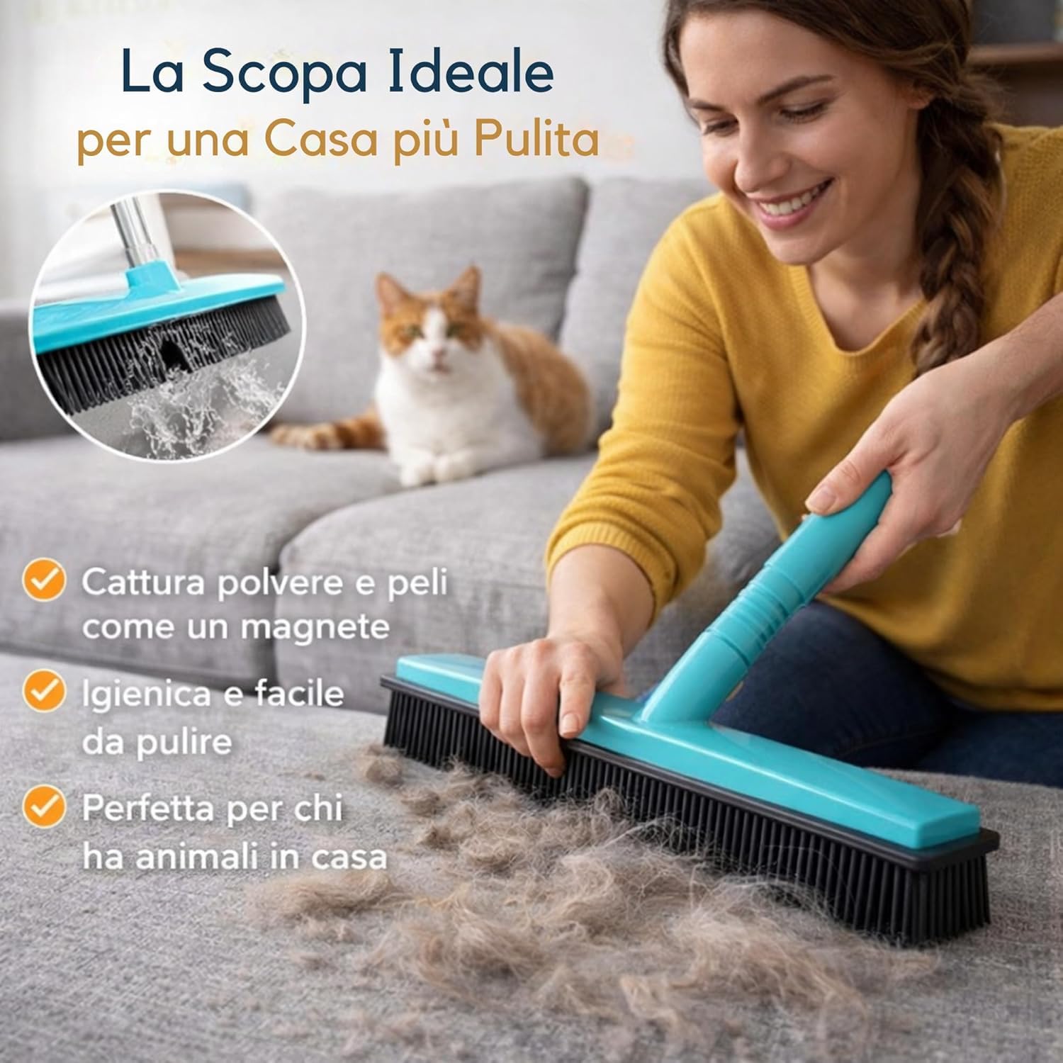 Scopa in Silicone Elettrostatica con Manico - Cattura Polvere e Peli Animali - Setole Flessibili per Tappeti, Divani e Pavimenti - Lavabile e Igienica