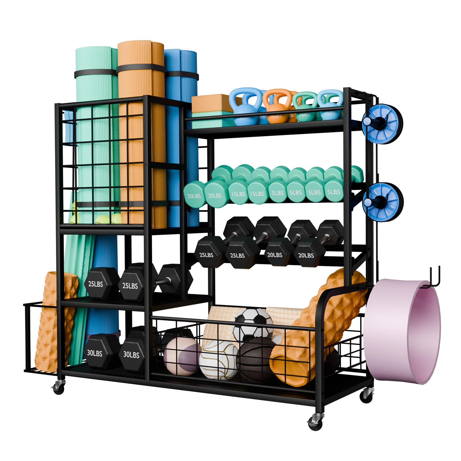 BonvorkXXL Dumbbell Rack Weight Stand Adjustable Heavy Duty Weight Rack for Dumbbells, Home Gym Storage Rack for Kettlebell, Balls,Yoga Mat Holder, Workout Equipment Storage Organizer with Wheels