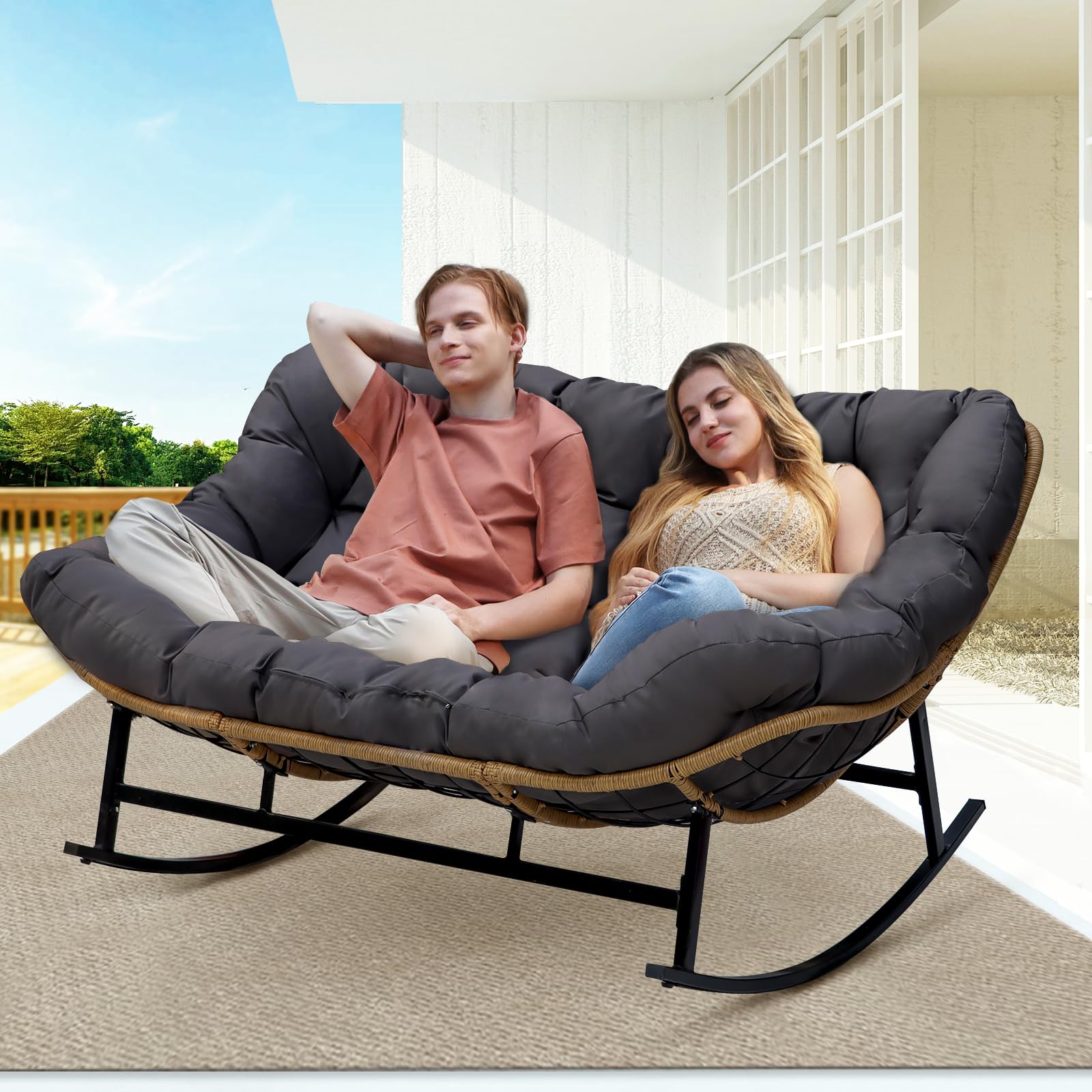BULEXYARD Double Papasan Rocking Chair Outdoor, Person Oversized Wicker  Patio Egg Rocking Chair with Cushion, 700 Lbs Heavy Duty Comfy Loveseat