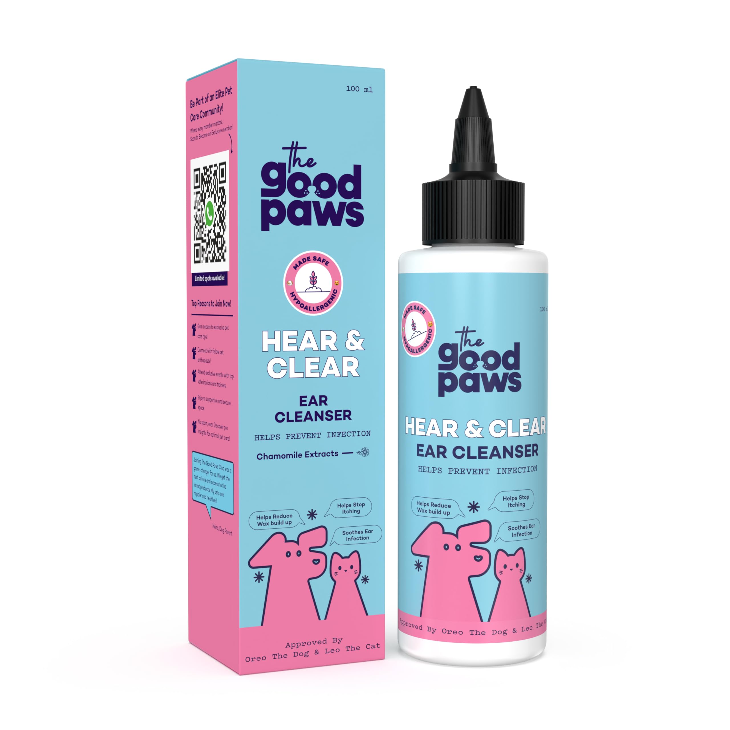 Hear & Clear Ear Cleanser for Dogs & Cats | Prevents Infections | Eases Itching | Reduces Wax Buildup | 0.3% Salicylic Acid, Chamomile, Neem, Tea Tree Oil | Healthy Ears | 100 ml x 2