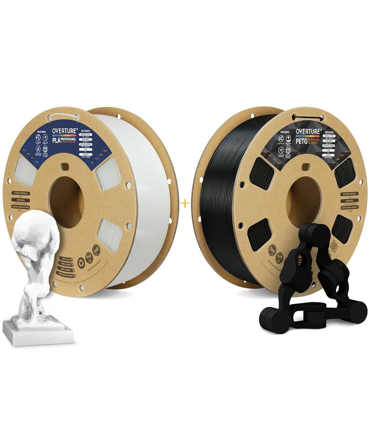 OVERTURE 3D Printer Filament 2kg, PLA Plus Filament and PETG Filament Fit Most FDM 3D Printers, 1kg per Spool, Pack of 2, PLA Plus White+PETG Black
