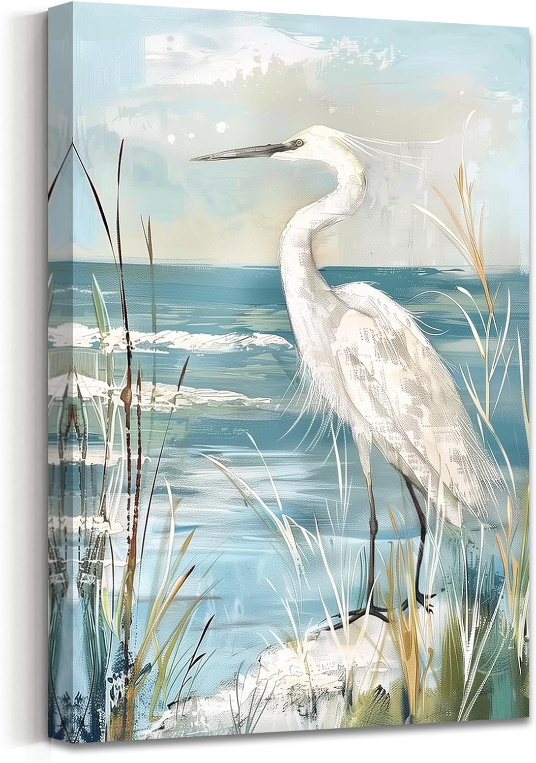 AWPANERAR White Heron Canvas Wall Art Coastal Bird Pictures Prints Blue Ocean Poster Beach Egret with Reed Painting Artwork for Bathroom Decor Framed (24L x 16W)