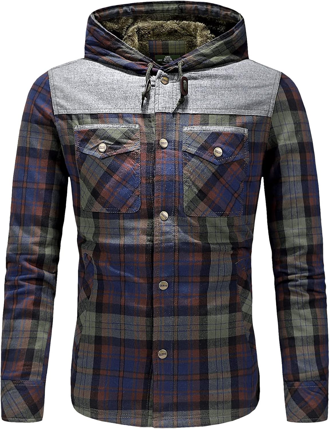 Flygo Men's Casual Long Sleeve Sherpa Lined Shirt Jacket Flannel Plaid Hooded Coat
