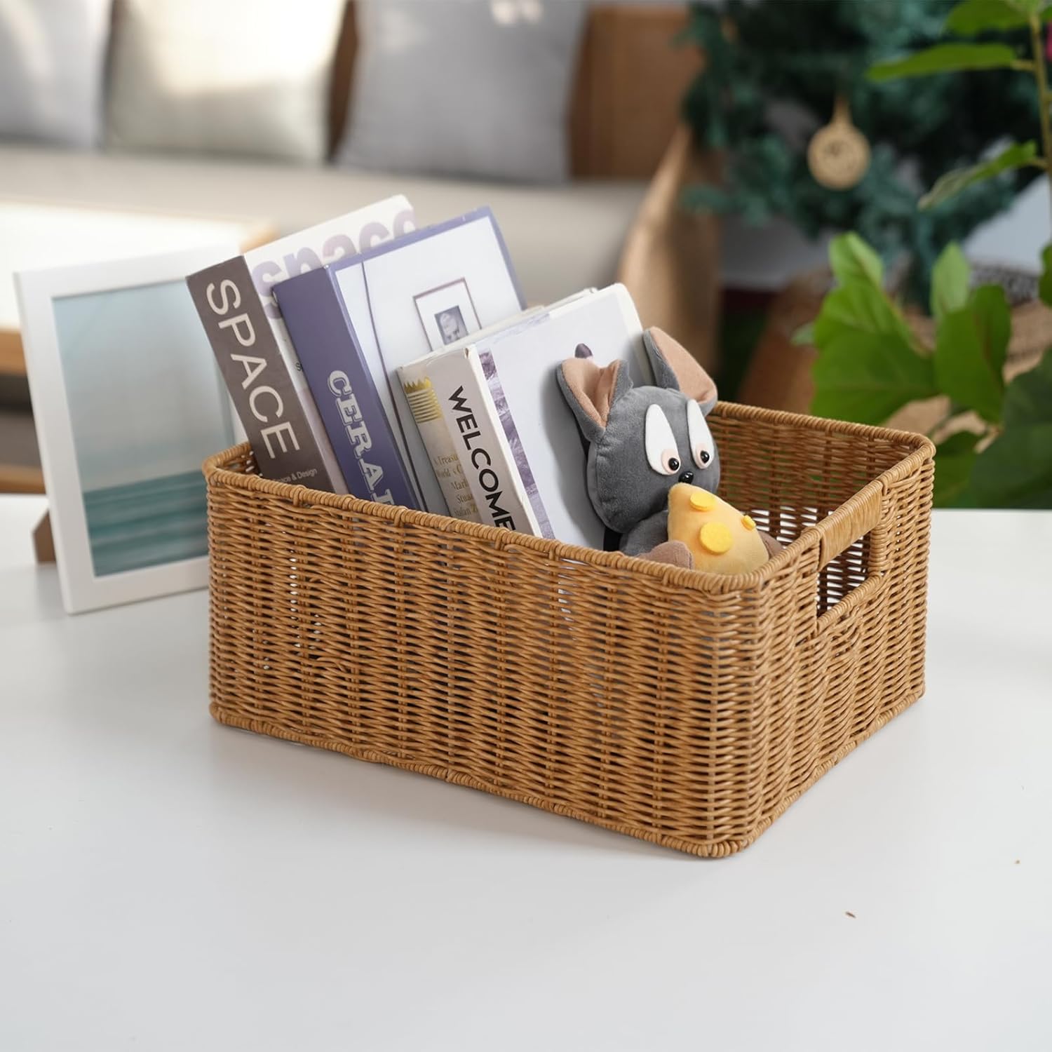 YRMT Rattan Storage Basket Pantry Basket with Built-in Handles Wicker Basket for Organizing Shelves Waterproof Woven Basket Nature (14"x10"x6.3")