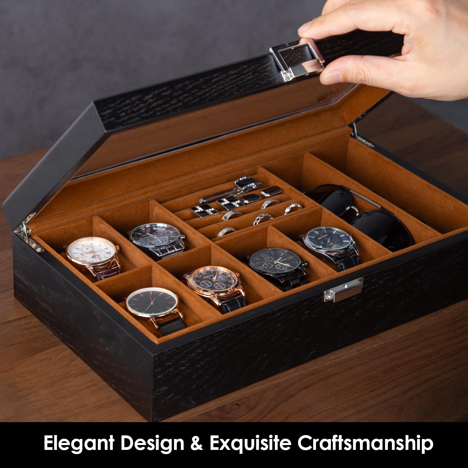 Slege Uhrenbox aus Holz,6 Fächer,Uhrenkasten Glasdeckel,Sonnenbrillenbox,Uhrenetui für Herren,Uhrenaufbewahrungsbox und Schmuckkästchen,Uhrenbox Organizer für Männer und Frauen,für Ringe,Ohrringe