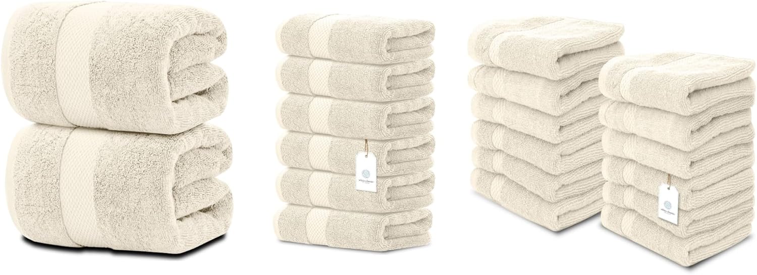 White Classic 2 Ivory Bath Sheet Towels 35 x 70, 6 Hand Towels 16 x 30 and 12 Washcloths 13 x 13 | Cotton, Highly Absorbent and Quick Dry for Hotels, Spa and Bathroom
