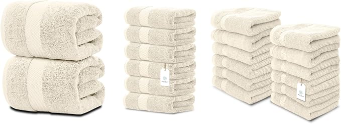 (Ivory) White Classic 2 Ivory Bath Sheet Towels 35 x 70, 6 Hand Towels 16 x 30 and 12 Washcloths 13 x 13 | Cotton, Highly Absorbent and Quick Dry for Hotels, Spa and Bathroom