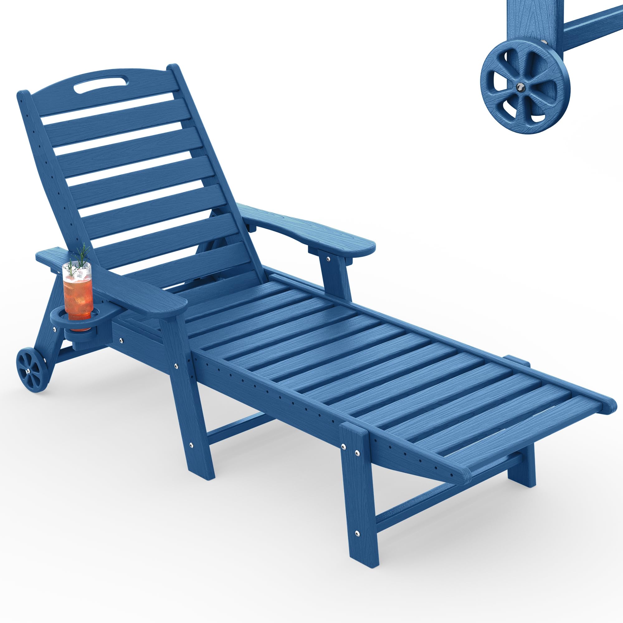 Chaise Lounge Outdoor, Lounge Chair Outdoor with Wood Texture, Adjustable 5-Position Backrest, HDPE Lounge Chair with Wheels &amp; Cup Holder for Pool Deck Backyard, Navy Blue