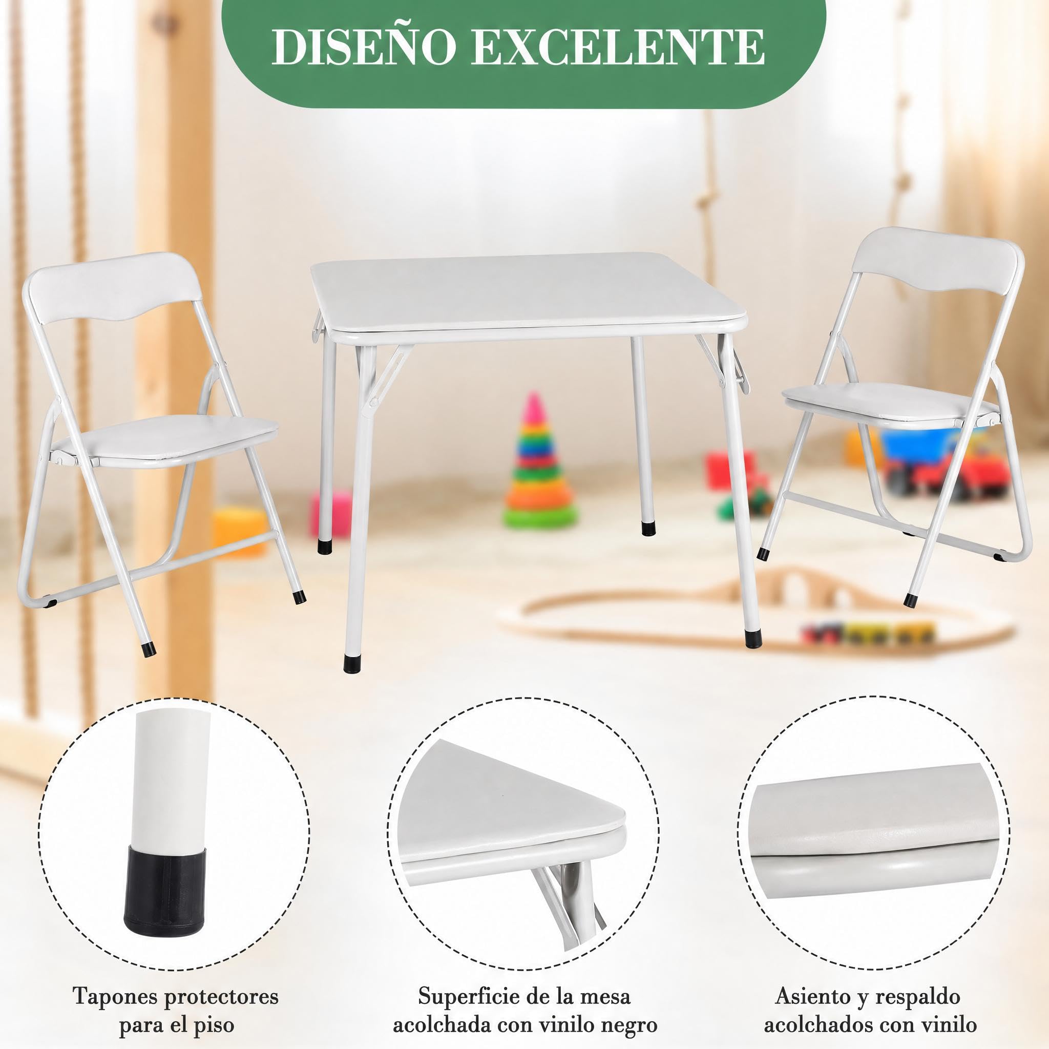 IDEALHOUSE Mesa y Silla Plegable para Niños, Bordes Redondeados Seguridad, Mesa Infantil con Sillas con Cojines y Respaldos Suaves y Marco de Acero Resistente, para Juegos, Aprender y Comedor, Beige