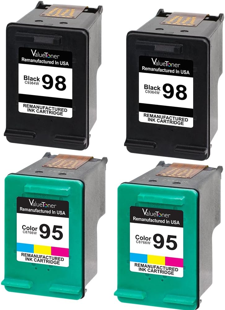 Valuetoner Remanufactured Ink Cartridge Replacement 4 Pack for HP 98 & 95 CB327FN (2 Black,2 Tri-Color) for HP Officejet H470,150,6310,100,6300,PhotoSmart 8050,8049,4180,4150,Deskjet 5940 Printer