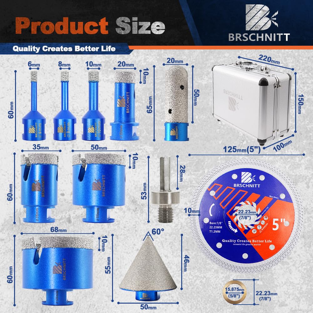 Juego de brocas de diamante (6/8/10/20/35/50/68MM 20MM Finger Bit Dry Drill Bit 50MM Chamfer Bit M14 Thread for Porcelain Tile Cerámic mármol granito 125 MM Blade