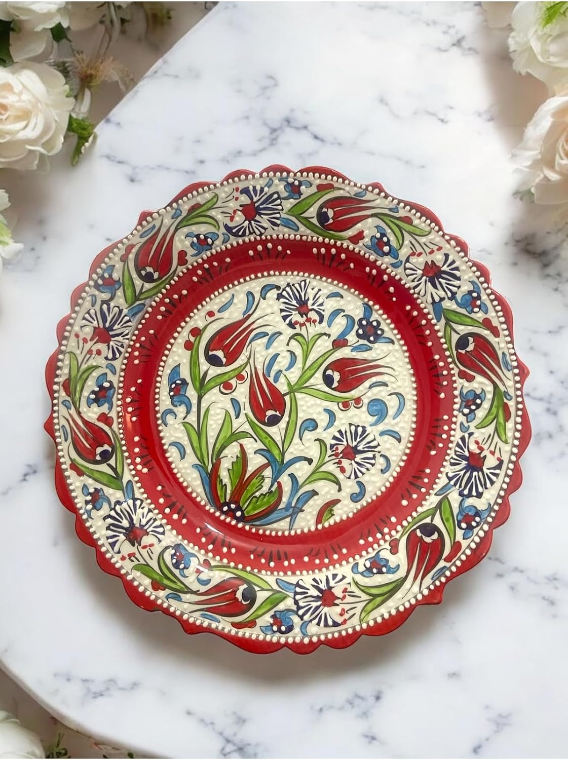 SODEF Handmade Ceramic Decorative Plate 12-Inch - Kütahya Tile, Traditional Turkish Art, Red, Display Plate, Home Decor - Red