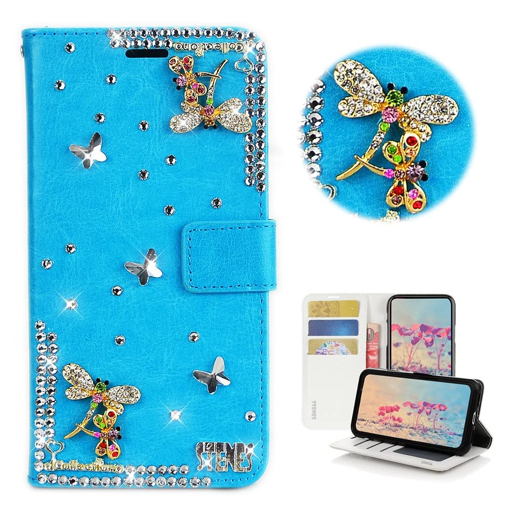 STENES Bling Wallet Phone Case Compatible with Moto G Stylus 5G Case - Stylish - 3D Handmade Dragonfly Glitter Magnetic Wallet Magnetic Wallet Stand Leather Cover Case - Blue