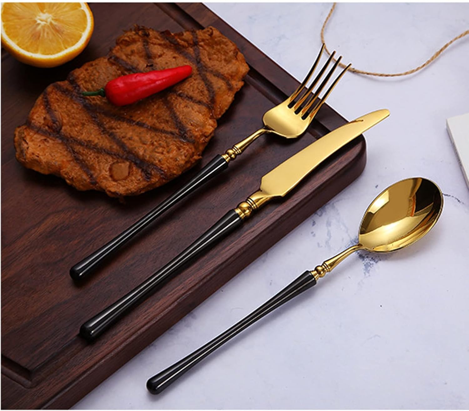 Dinner Forks 304 Stainless Steel Cutlery Steak Fork Coffee Dessert Black Handle (gold)