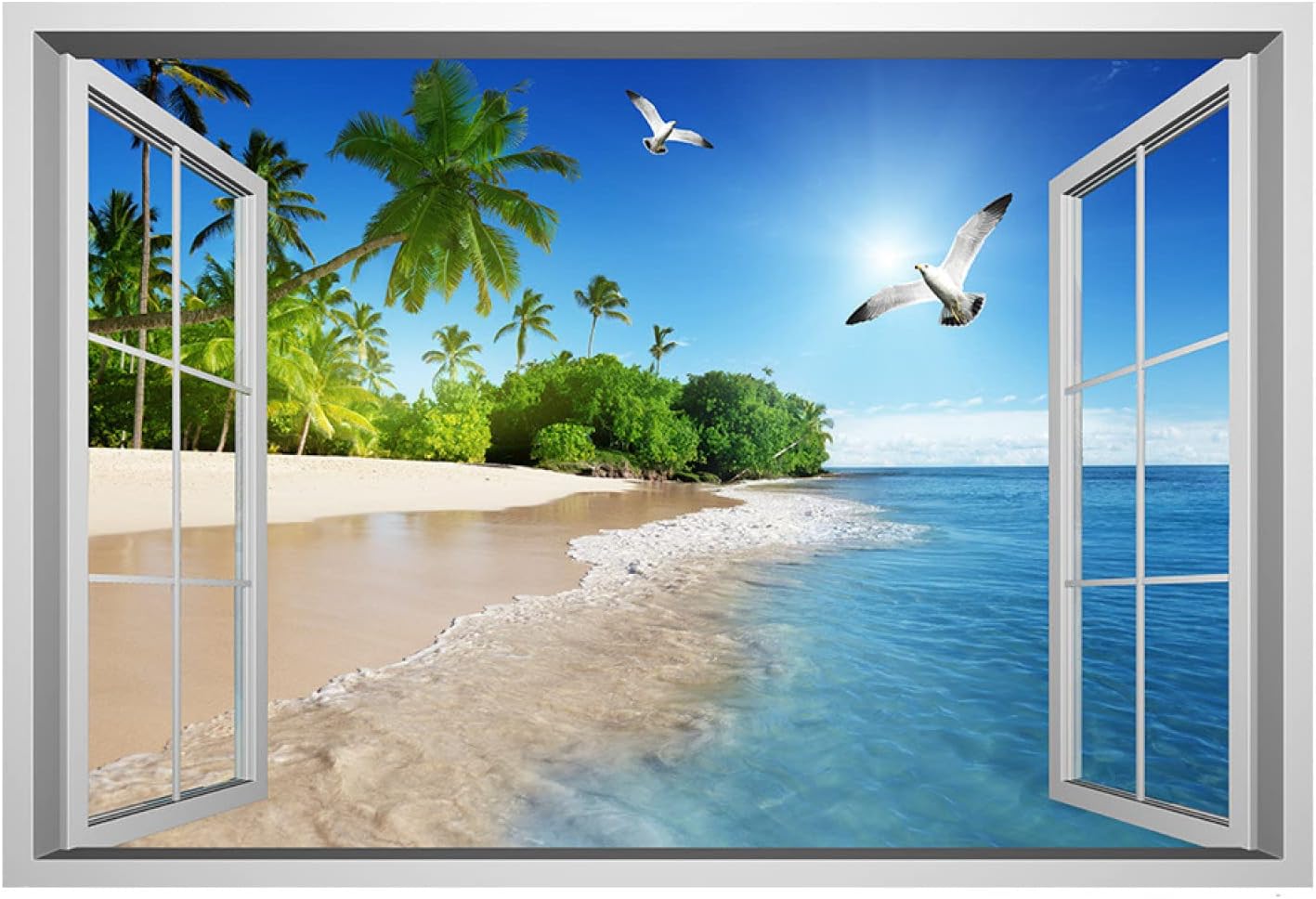 Beach Seagull Hot Air Balloon 3D Fake Window Scenery Wall Stickers Bedroom Living Room Decorative Painting Wall Decoration